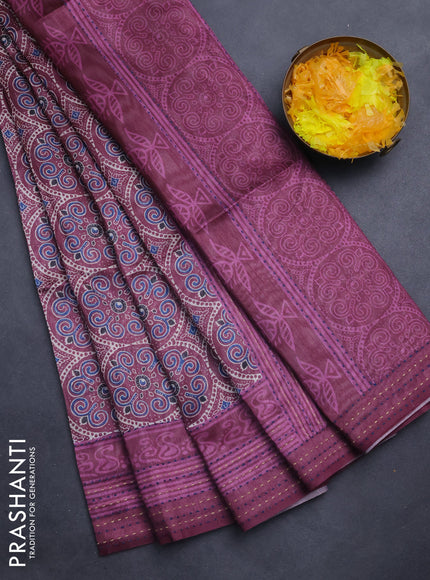 Semi tussar saree wine shade with allover ajrakh prints and katha stitch work pallu & border