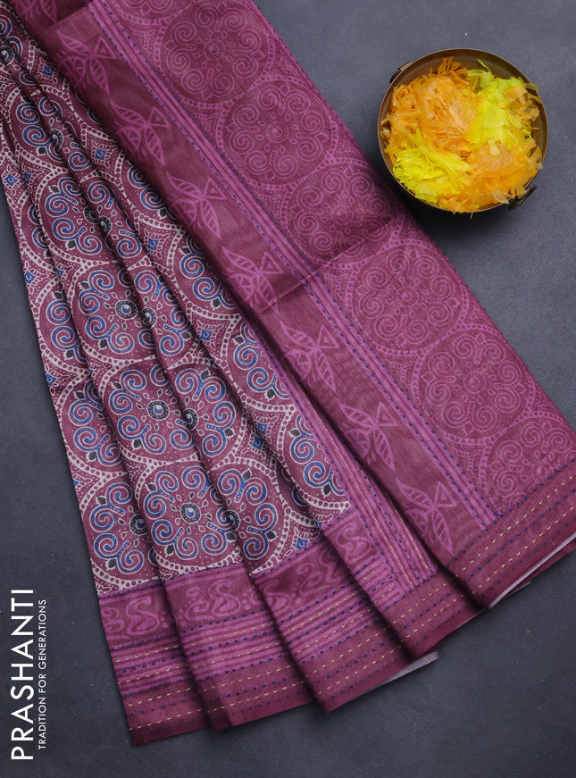 Semi tussar saree wine shade with allover ajrakh prints and katha stitch work pallu & border