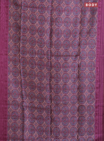 Semi tussar saree wine shade with allover ajrakh prints and katha stitch work pallu & border