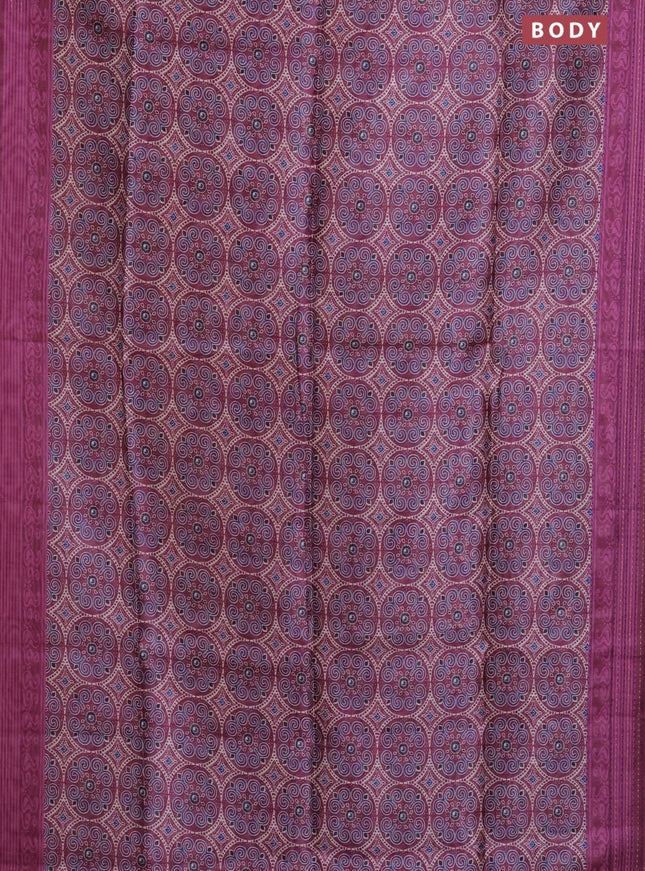 Semi tussar saree wine shade with allover ajrakh prints and katha stitch work pallu & border