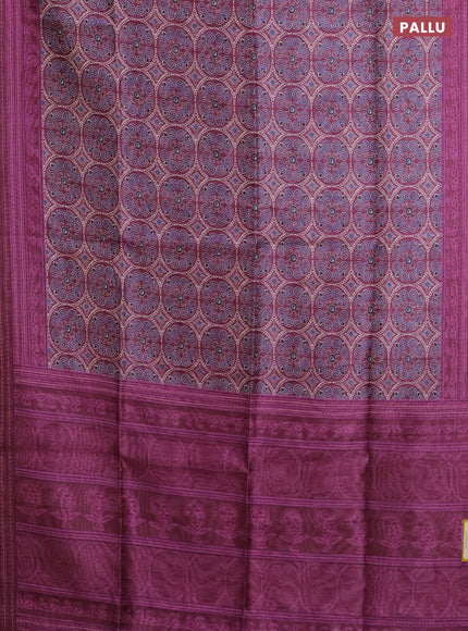 Semi tussar saree wine shade with allover ajrakh prints and katha stitch work pallu & border