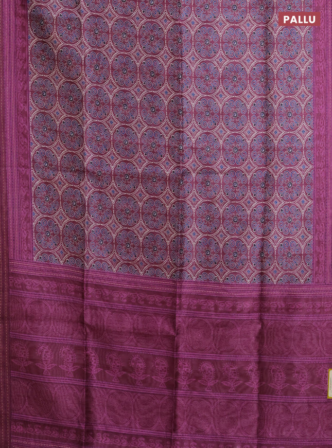 Semi tussar saree wine shade with allover ajrakh prints and katha stitch work pallu & border