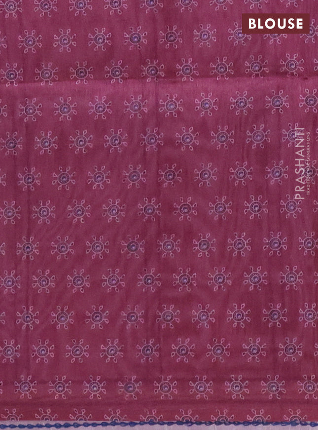 Semi tussar saree wine shade with allover ajrakh prints and katha stitch work pallu & border