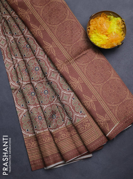 Semi tussar saree brown with allover ajrakh prints and katha stitch work pallu & border