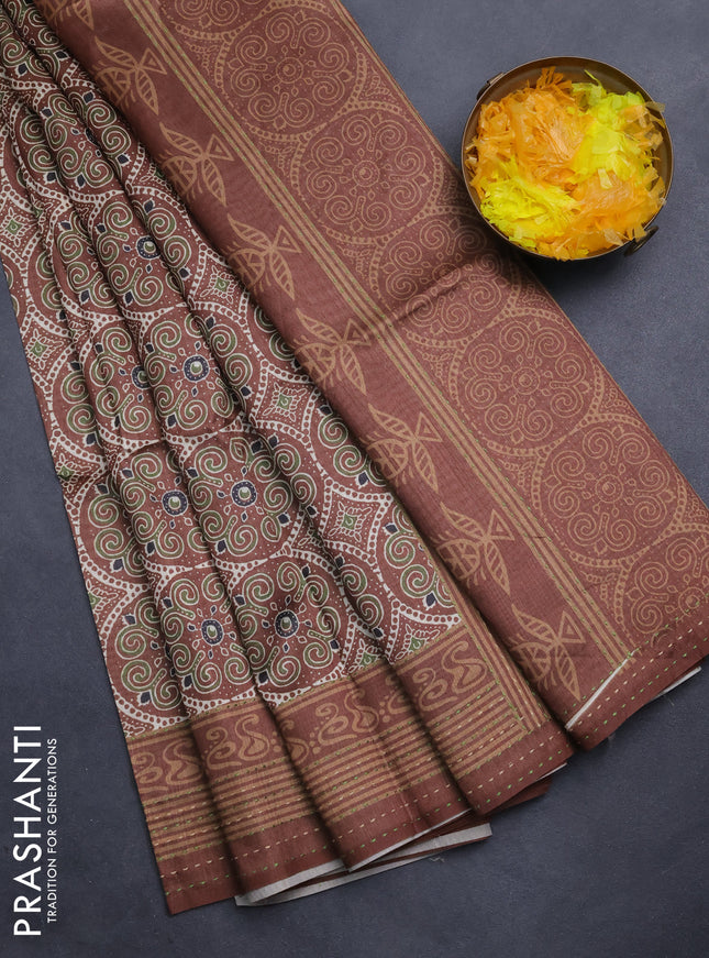 Semi tussar saree brown with allover ajrakh prints and katha stitch work pallu & border