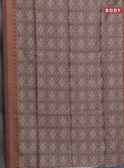 Semi tussar saree brown with allover ajrakh prints and katha stitch work pallu & border