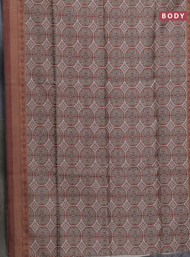 Semi tussar saree brown with allover ajrakh prints and katha stitch work pallu & border