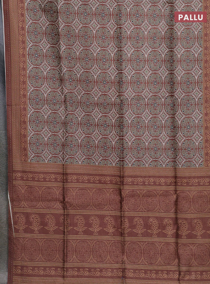 Semi tussar saree brown with allover ajrakh prints and katha stitch work pallu & border
