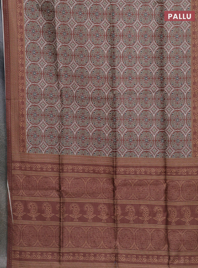 Semi tussar saree brown with allover ajrakh prints and katha stitch work pallu & border