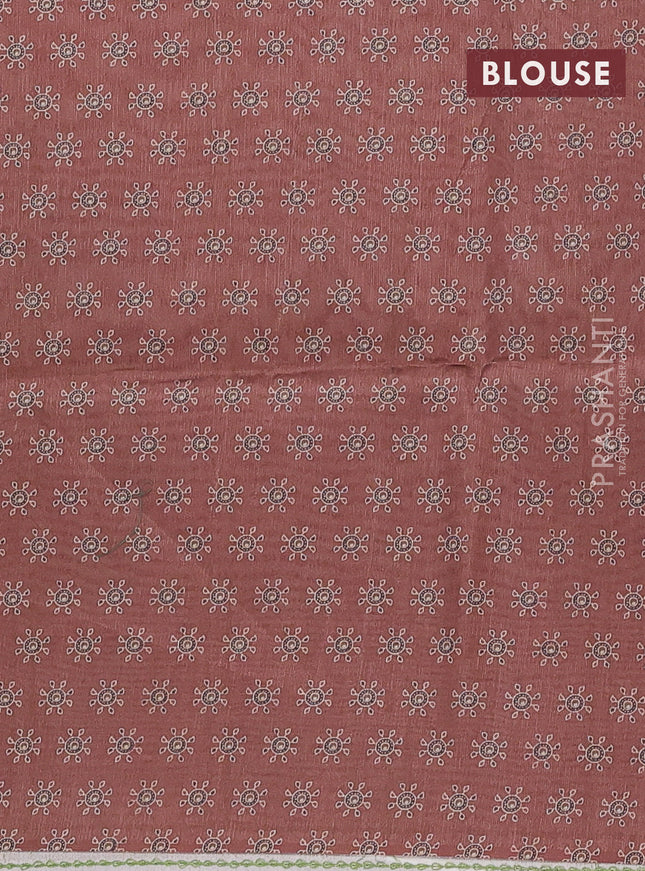 Semi tussar saree brown with allover ajrakh prints and katha stitch work pallu & border