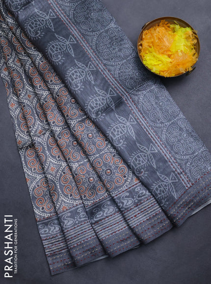Semi tussar saree grey with allover ajrakh prints and katha stitch work pallu & border