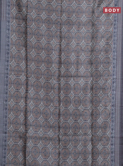Semi tussar saree grey with allover ajrakh prints and katha stitch work pallu & border