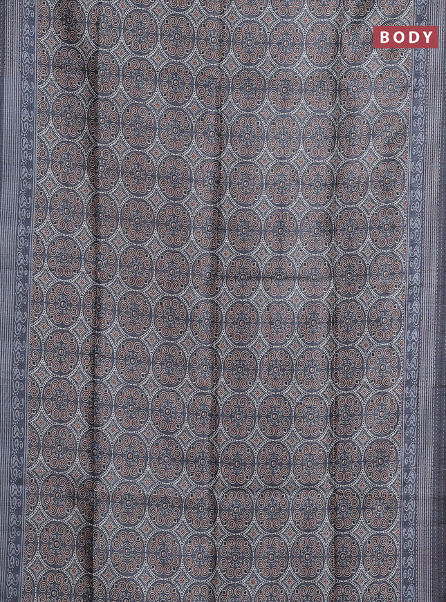 Semi tussar saree grey with allover ajrakh prints and katha stitch work pallu & border