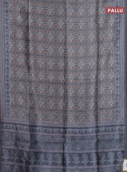 Semi tussar saree grey with allover ajrakh prints and katha stitch work pallu & border