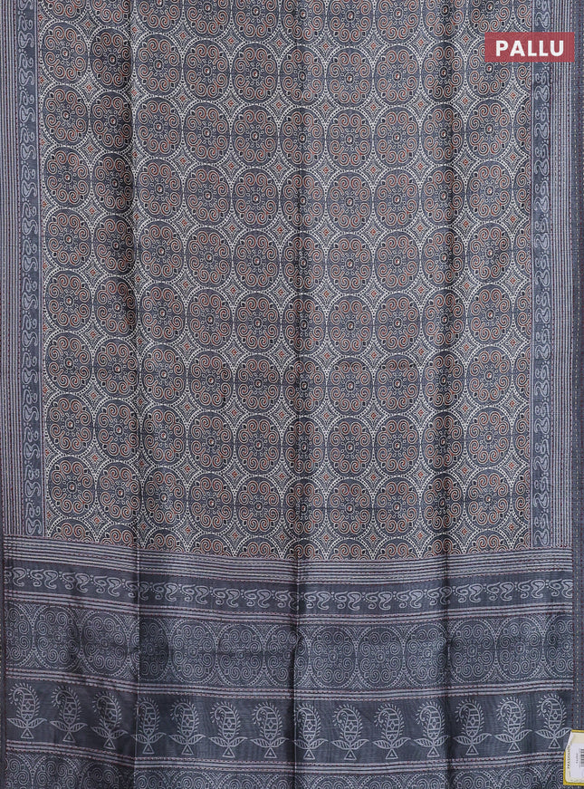 Semi tussar saree grey with allover ajrakh prints and katha stitch work pallu & border