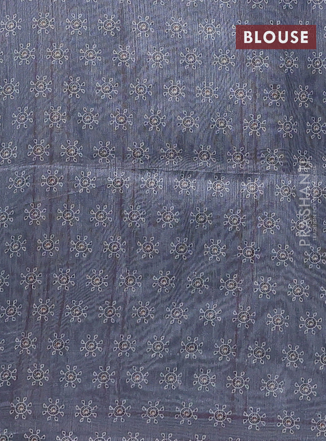 Semi tussar saree grey with allover ajrakh prints and katha stitch work pallu & border