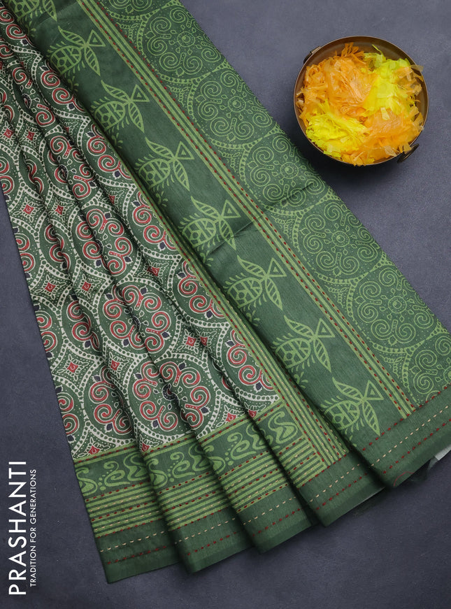 Semi tussar saree green with allover ajrakh prints and katha stitch work pallu & border