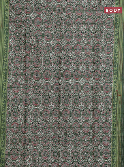 Semi tussar saree green with allover ajrakh prints and katha stitch work pallu & border