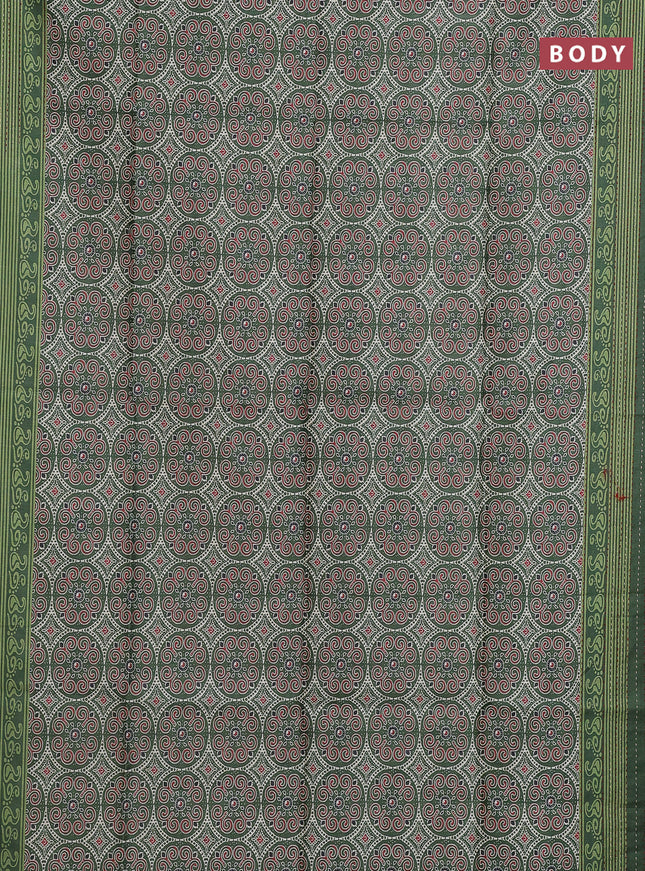 Semi tussar saree green with allover ajrakh prints and katha stitch work pallu & border
