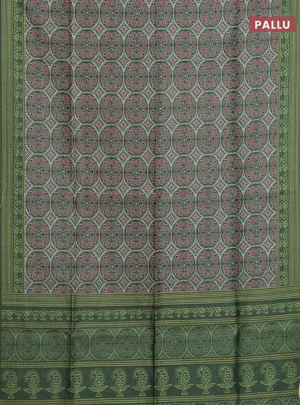 Semi tussar saree green with allover ajrakh prints and katha stitch work pallu & border