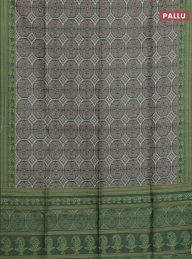 Semi tussar saree green with allover ajrakh prints and katha stitch work pallu & border