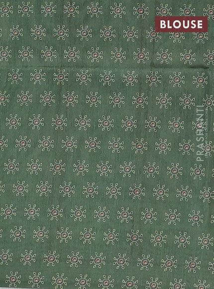 Semi tussar saree green with allover ajrakh prints and katha stitch work pallu & border