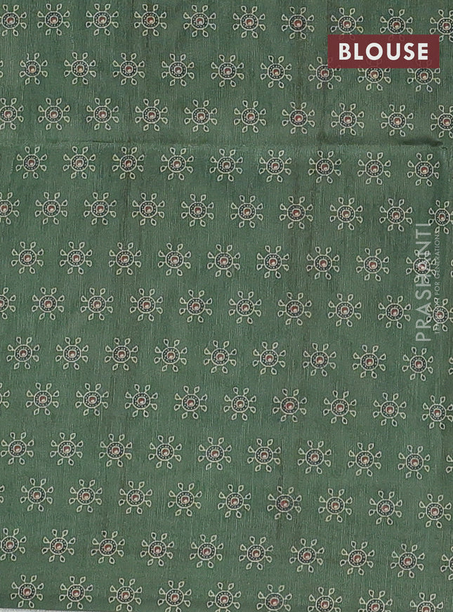 Semi tussar saree green with allover ajrakh prints and katha stitch work pallu & border