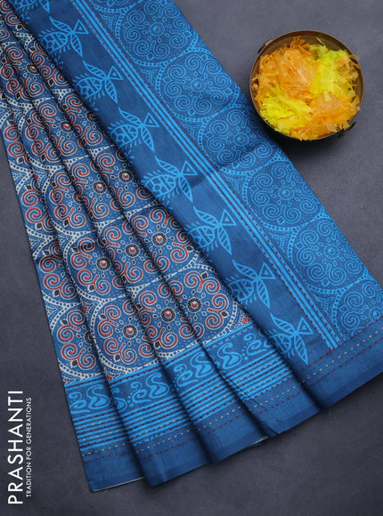Semi tussar saree peacock blue with allover ajrakh prints and katha stitch work pallu & border
