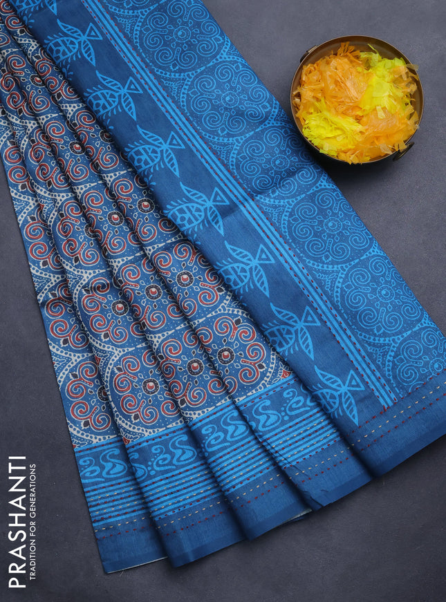 Semi tussar saree peacock blue with allover ajrakh prints and katha stitch work pallu & border