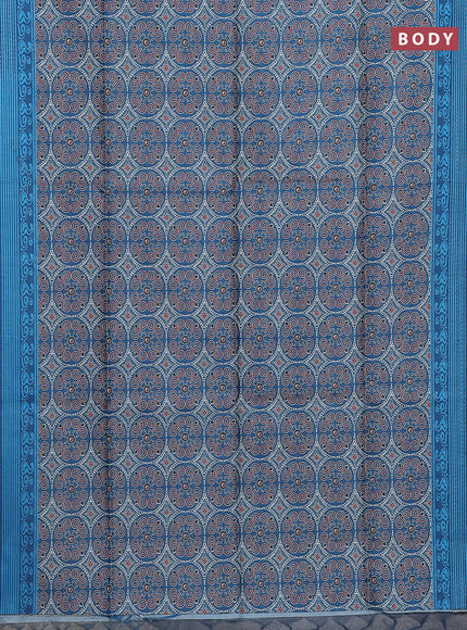 Semi tussar saree peacock blue with allover ajrakh prints and katha stitch work pallu & border