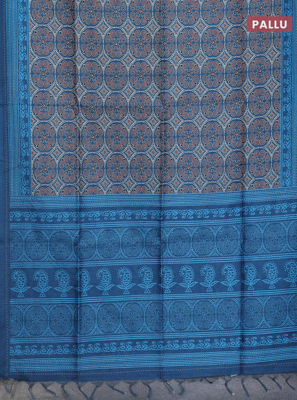 Semi tussar saree peacock blue with allover ajrakh prints and katha stitch work pallu & border