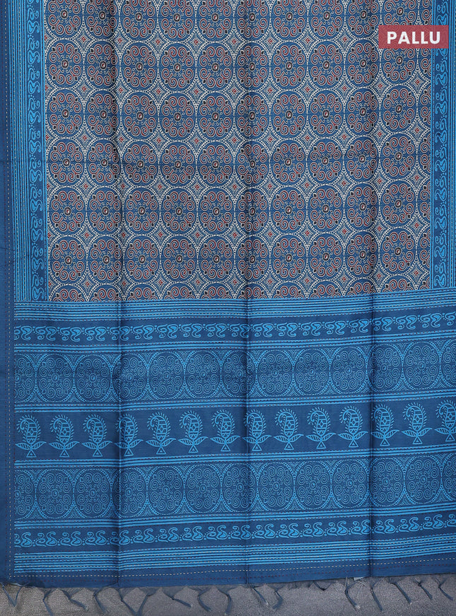 Semi tussar saree peacock blue with allover ajrakh prints and katha stitch work pallu & border