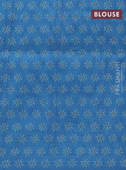 Semi tussar saree peacock blue with allover ajrakh prints and katha stitch work pallu & border