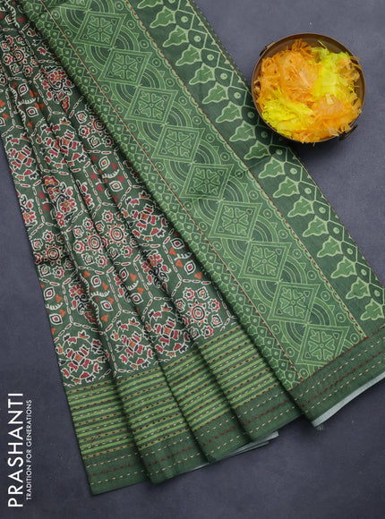 Semi tussar saree green with allover ajrakh prints and katha stitch work pallu & border