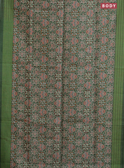 Semi tussar saree green with allover ajrakh prints and katha stitch work pallu & border