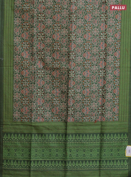 Semi tussar saree green with allover ajrakh prints and katha stitch work pallu & border