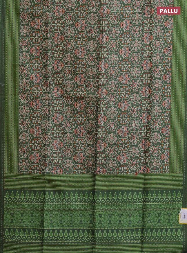 Semi tussar saree green with allover ajrakh prints and katha stitch work pallu & border