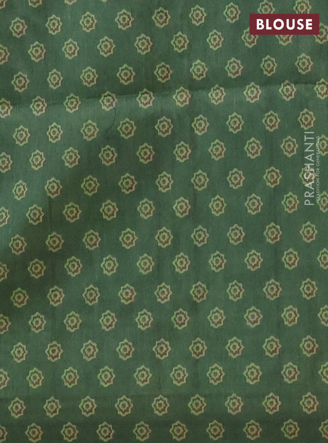 Semi tussar saree green with allover ajrakh prints and katha stitch work pallu & border
