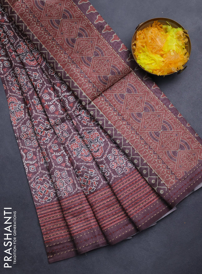 Semi tussar saree coffee brown with allover ajrakh prints and katha stitch work pallu & border