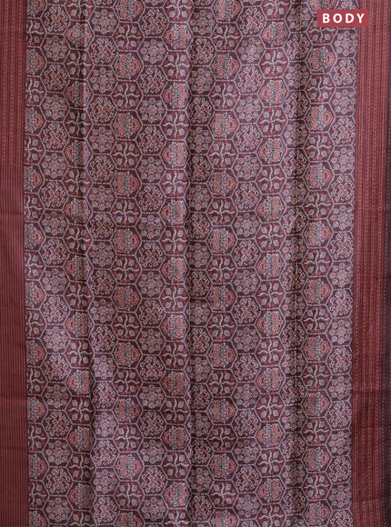 Semi tussar saree coffee brown with allover ajrakh prints and katha stitch work pallu & border
