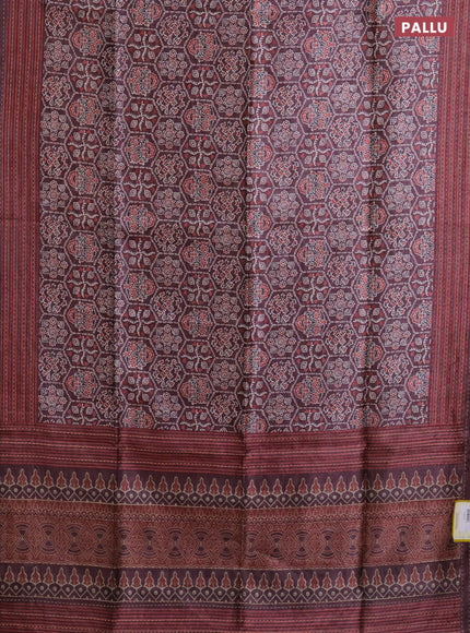 Semi tussar saree coffee brown with allover ajrakh prints and katha stitch work pallu & border