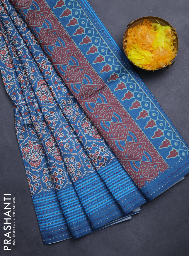 Semi tussar saree cs blue with allover ajrakh prints and katha stitch work pallu & border