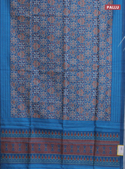 Semi tussar saree cs blue with allover ajrakh prints and katha stitch work pallu & border