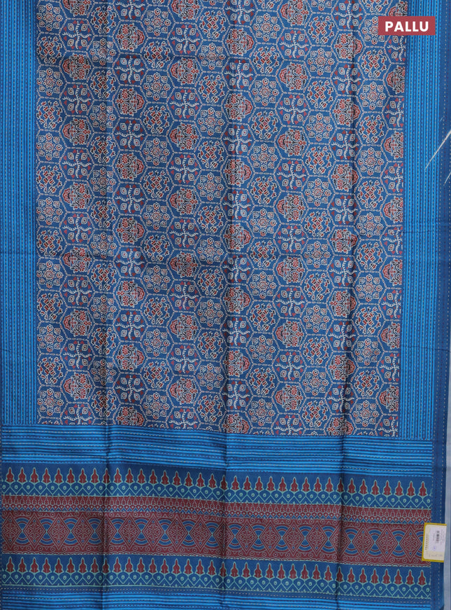 Semi tussar saree cs blue with allover ajrakh prints and katha stitch work pallu & border