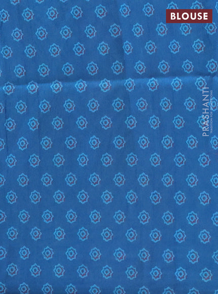 Semi tussar saree cs blue with allover ajrakh prints and katha stitch work pallu & border