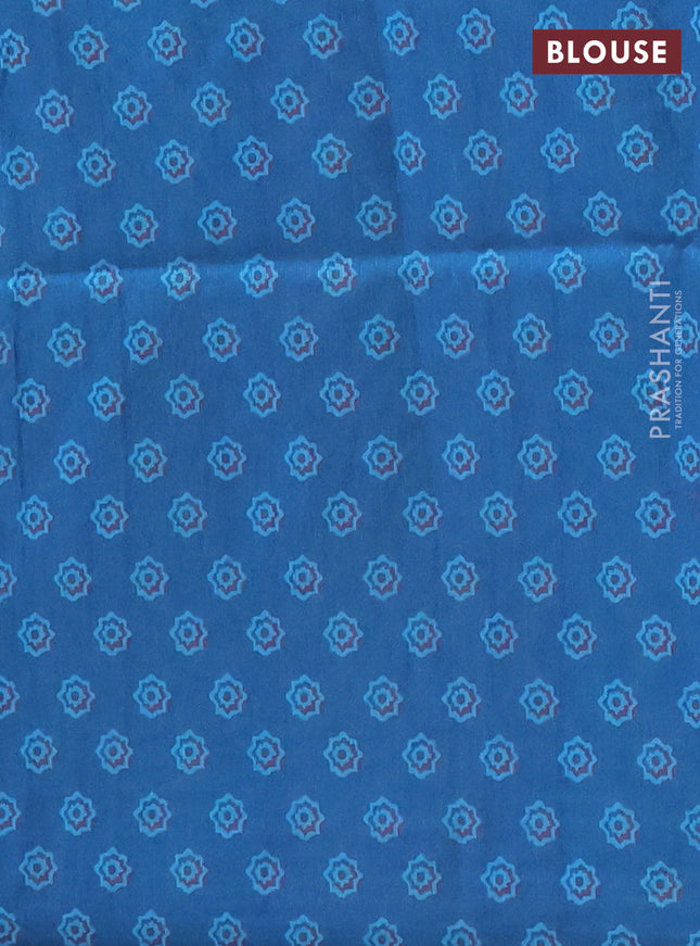 Semi tussar saree cs blue with allover ajrakh prints and katha stitch work pallu & border