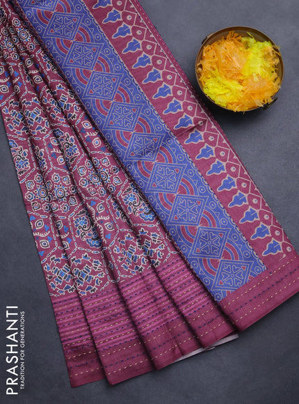 Semi tussar saree wine shade with allover ajrakh prints and katha stitch work pallu & border