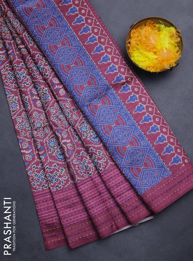Semi tussar saree wine shade with allover ajrakh prints and katha stitch work pallu & border