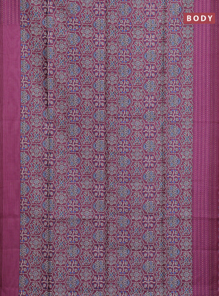 Semi tussar saree wine shade with allover ajrakh prints and katha stitch work pallu & border