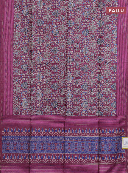 Semi tussar saree wine shade with allover ajrakh prints and katha stitch work pallu & border